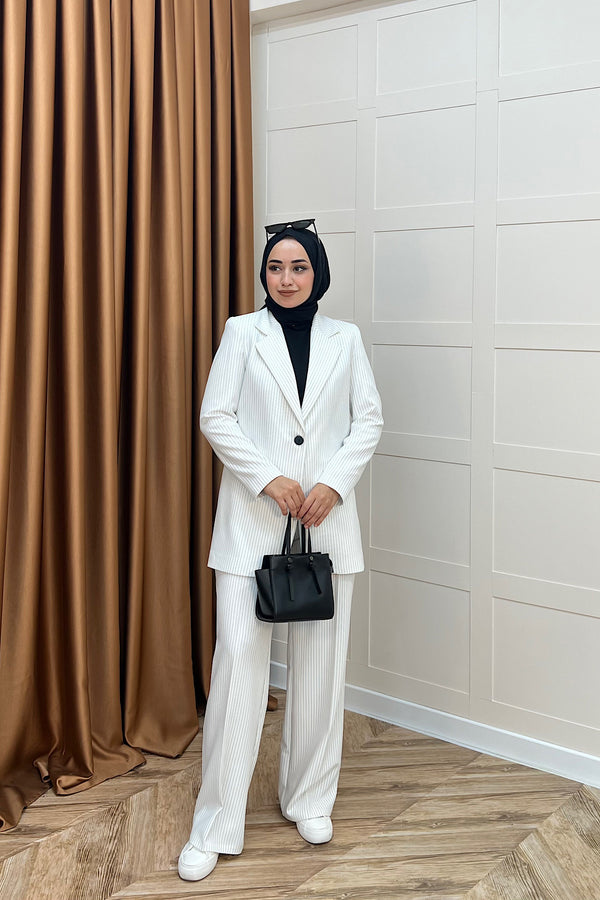 Çizgili Ceket Takım Beyaz 6155-BEYAZ