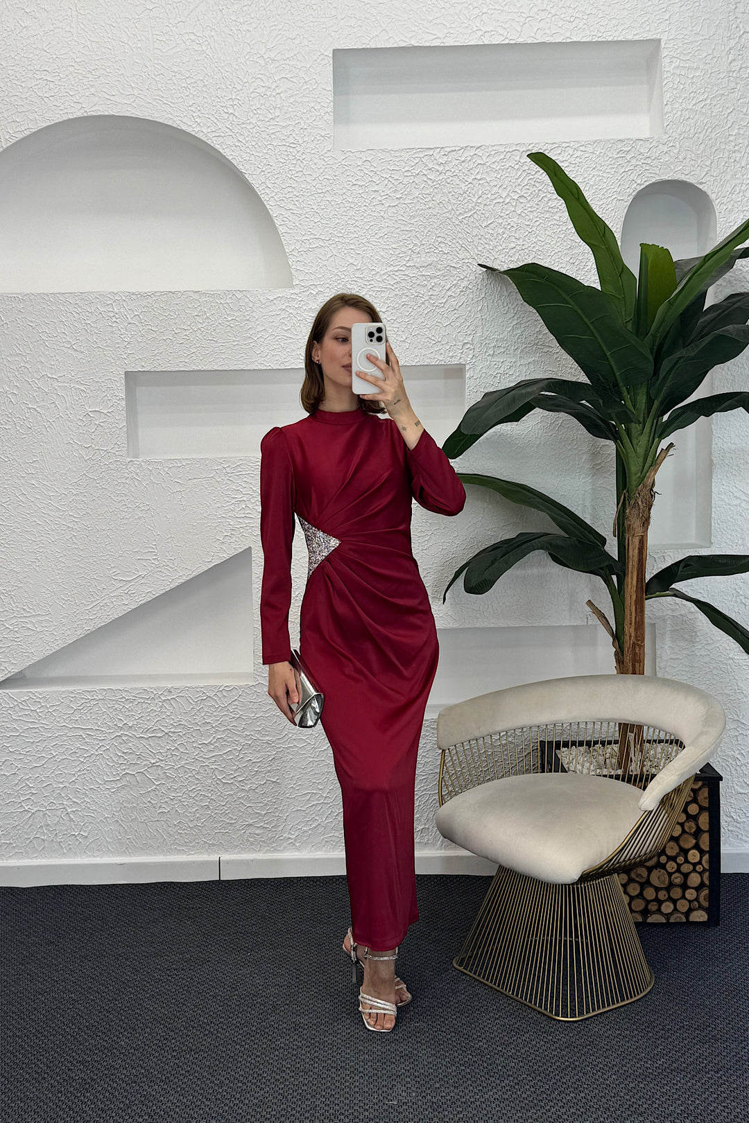 Yanı Taşlı Saten Abiye Bordo 04898-BORDO