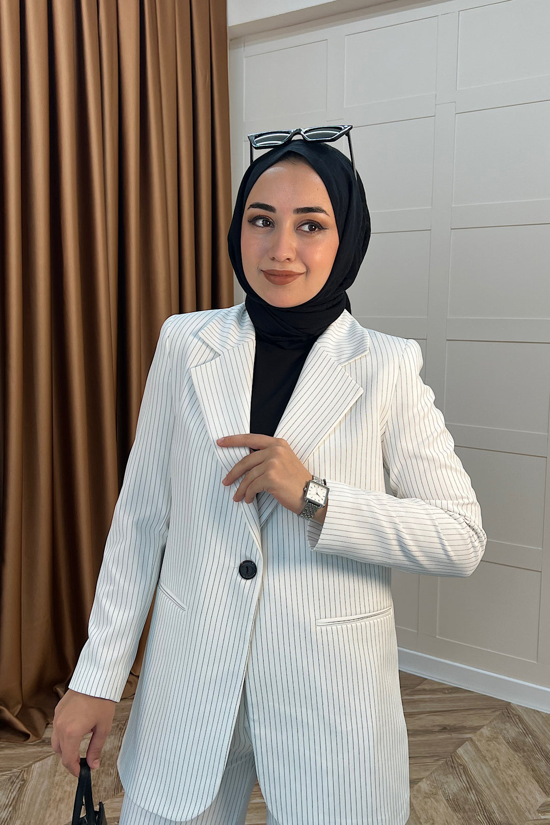Çizgili Ceket Takım Beyaz 6155-BEYAZ