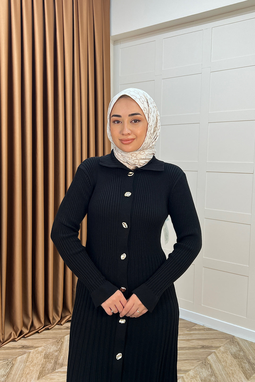 Endam Düğmeli Triko Elbise Siyah 10201-SIYAH