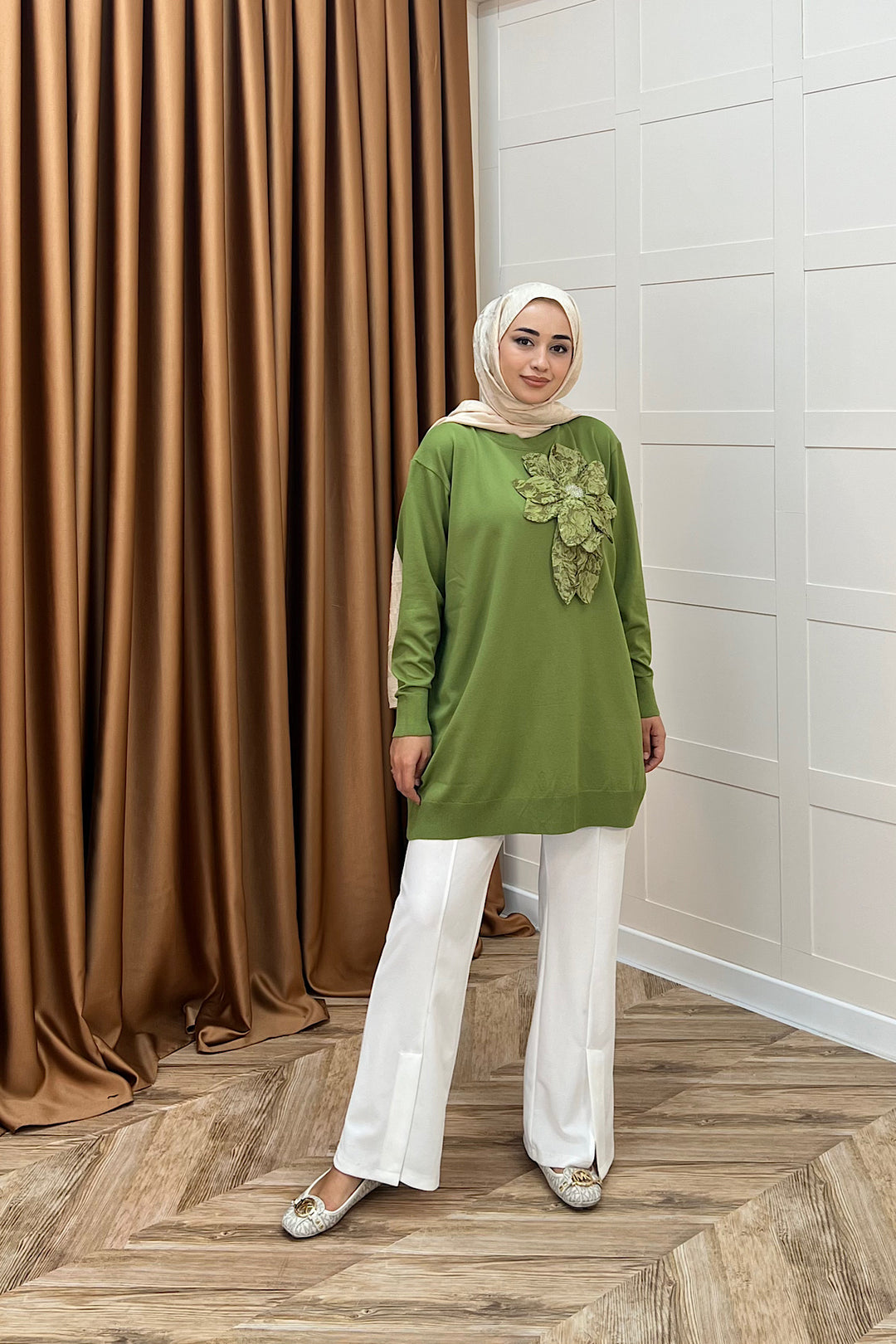 Merserize Çiçekli Triko Tunik Yeşil 2550-YEŞİL