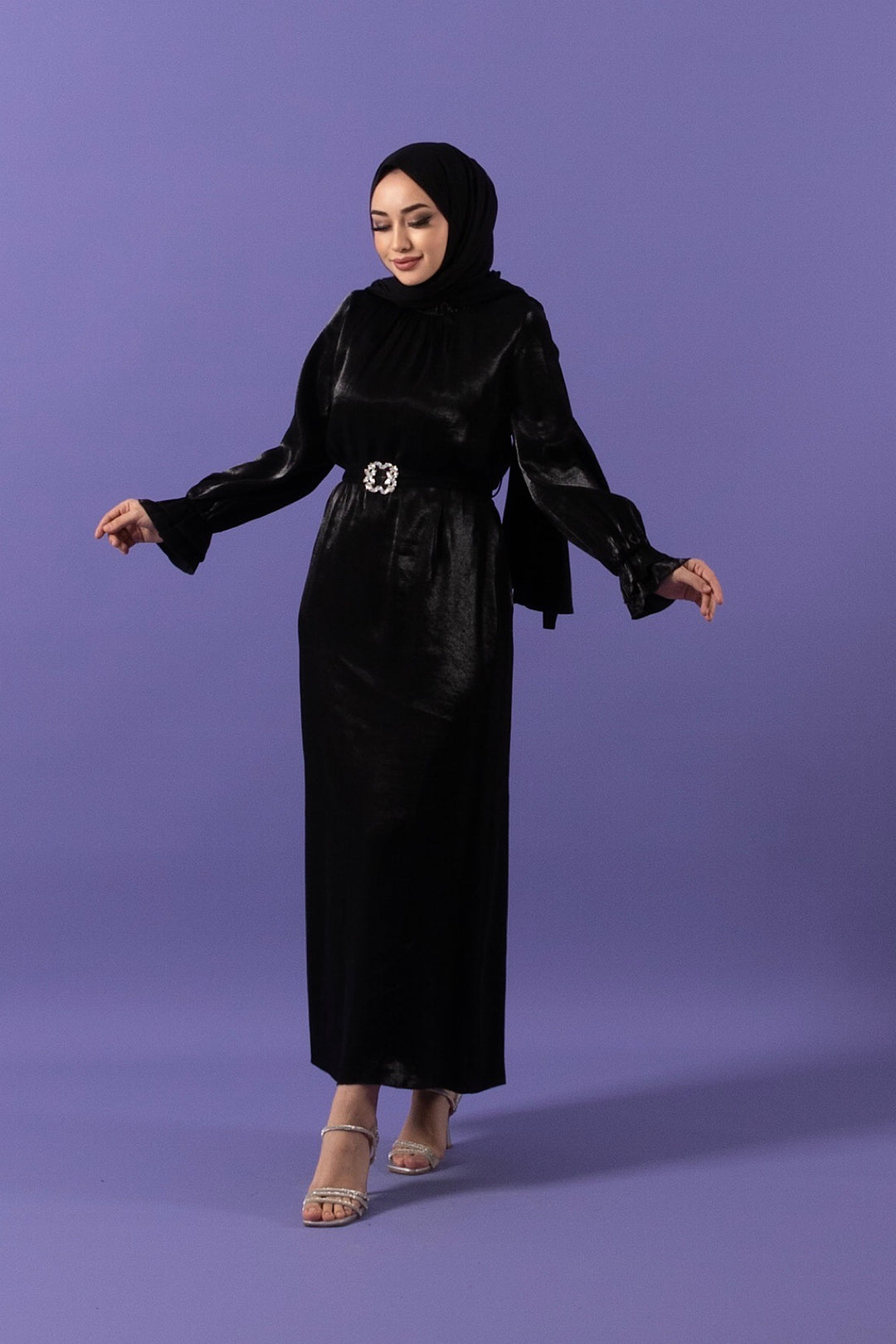 Taş Tokalı Saten Elbise Siyah 3009-SIYAH