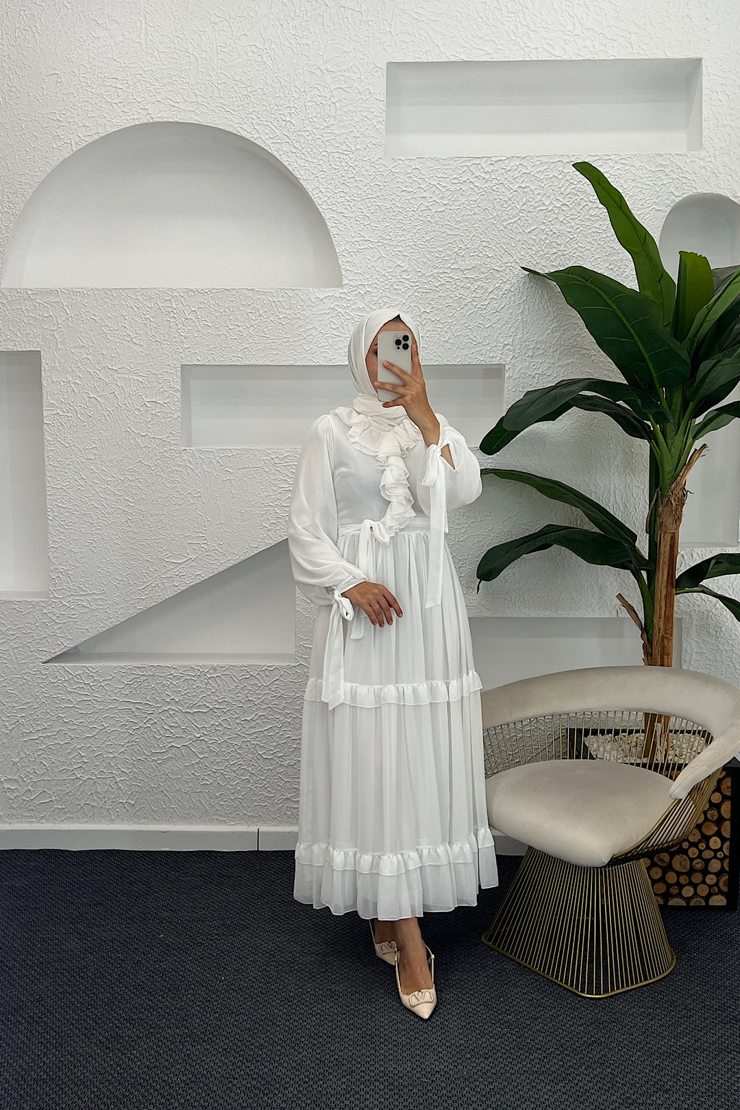 Royal Şifon Elbise Beyaz 3053-BEYAZ