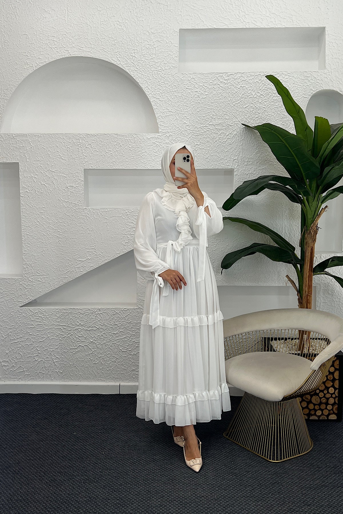 Royal Şifon Elbise Beyaz 3053-BEYAZ