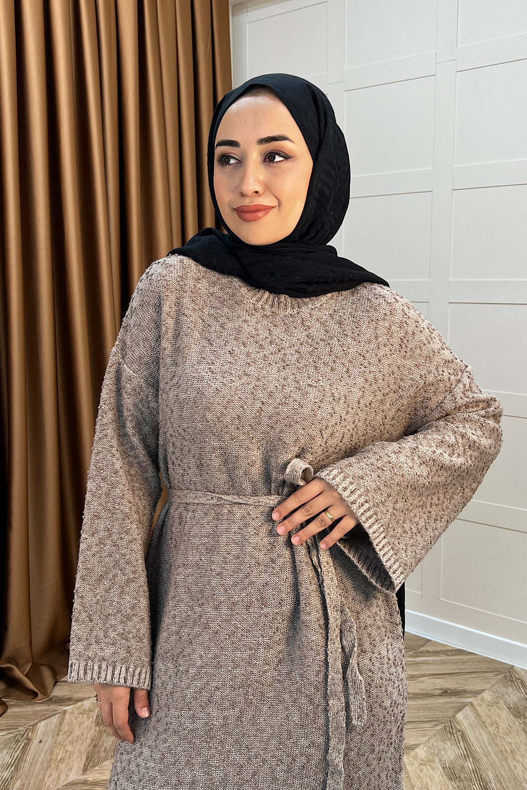 Yumoş Sim Karışımlı Salaş Triko Elbise Vizon 252500-VIZON