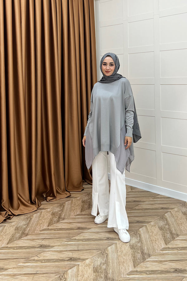 Hüda Şifon Detaylı Triko Tunik Gri 24290-GRI