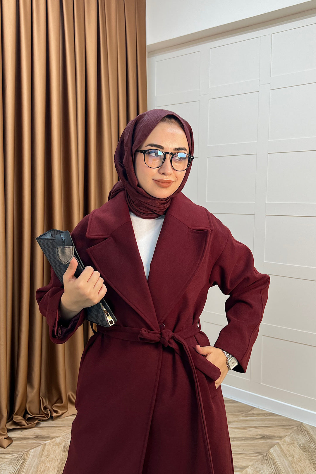 Retro Premium Kumaş Uzun Kaşe Kaban Bordo 5509-BORDO