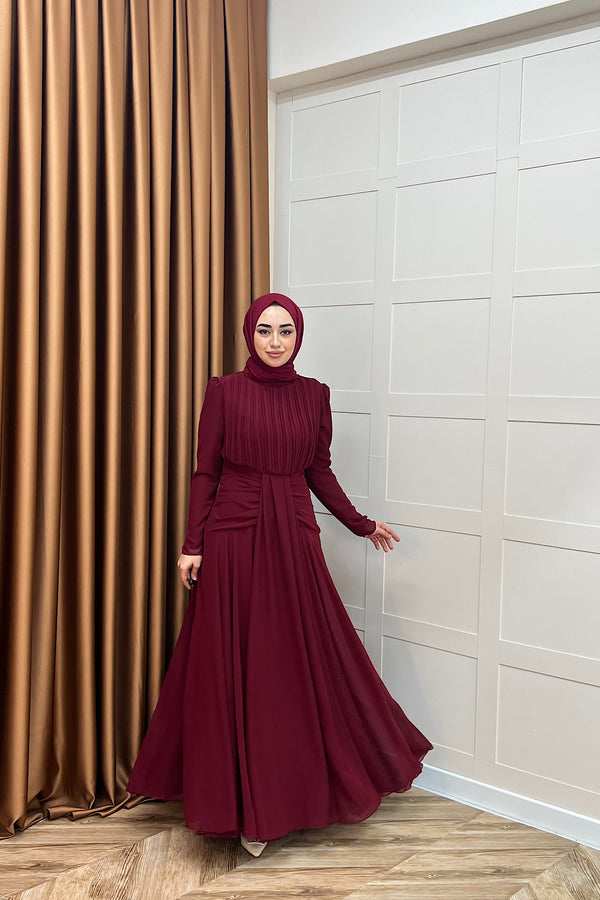 Elanor Bel Detay Şifon Abiye Bordo 3092-BORDO