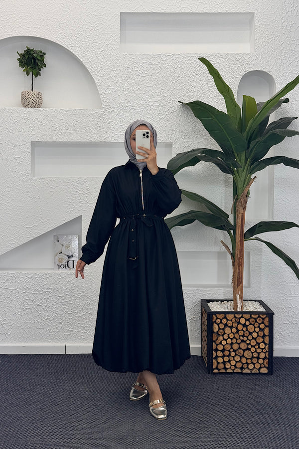 Kemerli Elbise Siyah 9032-SIYAH