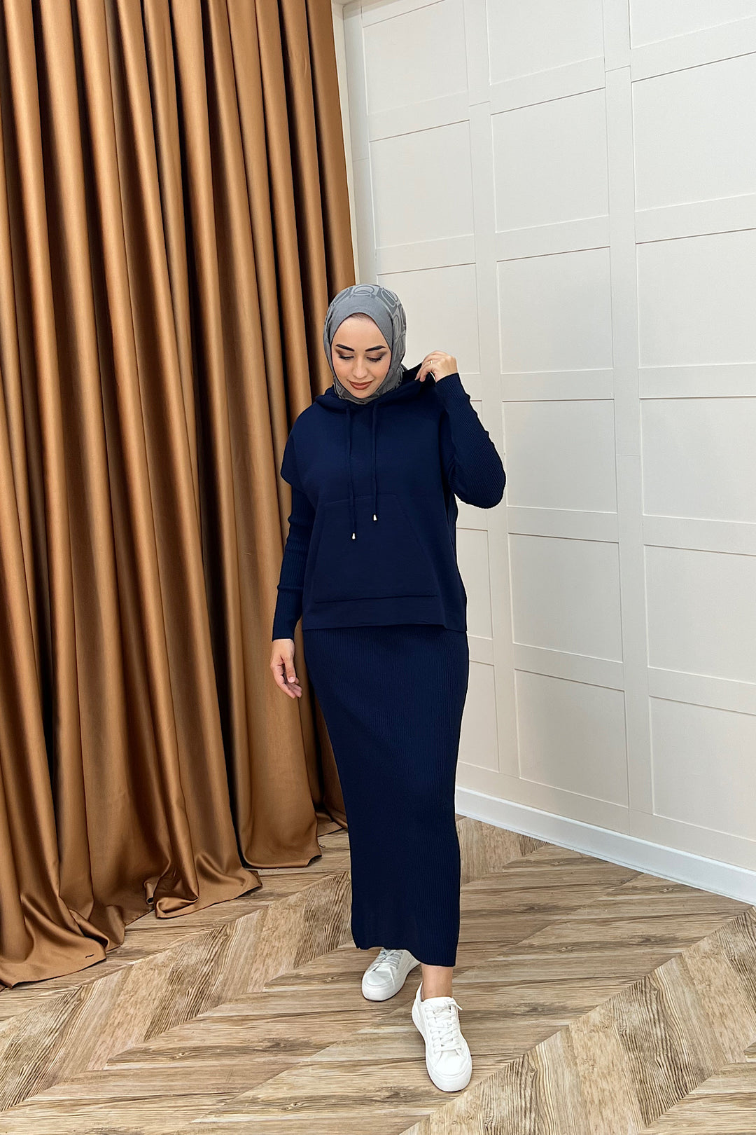 Üst Kapüşonlu İkili Triko Elbise Lacivert 25290-LACIVERT