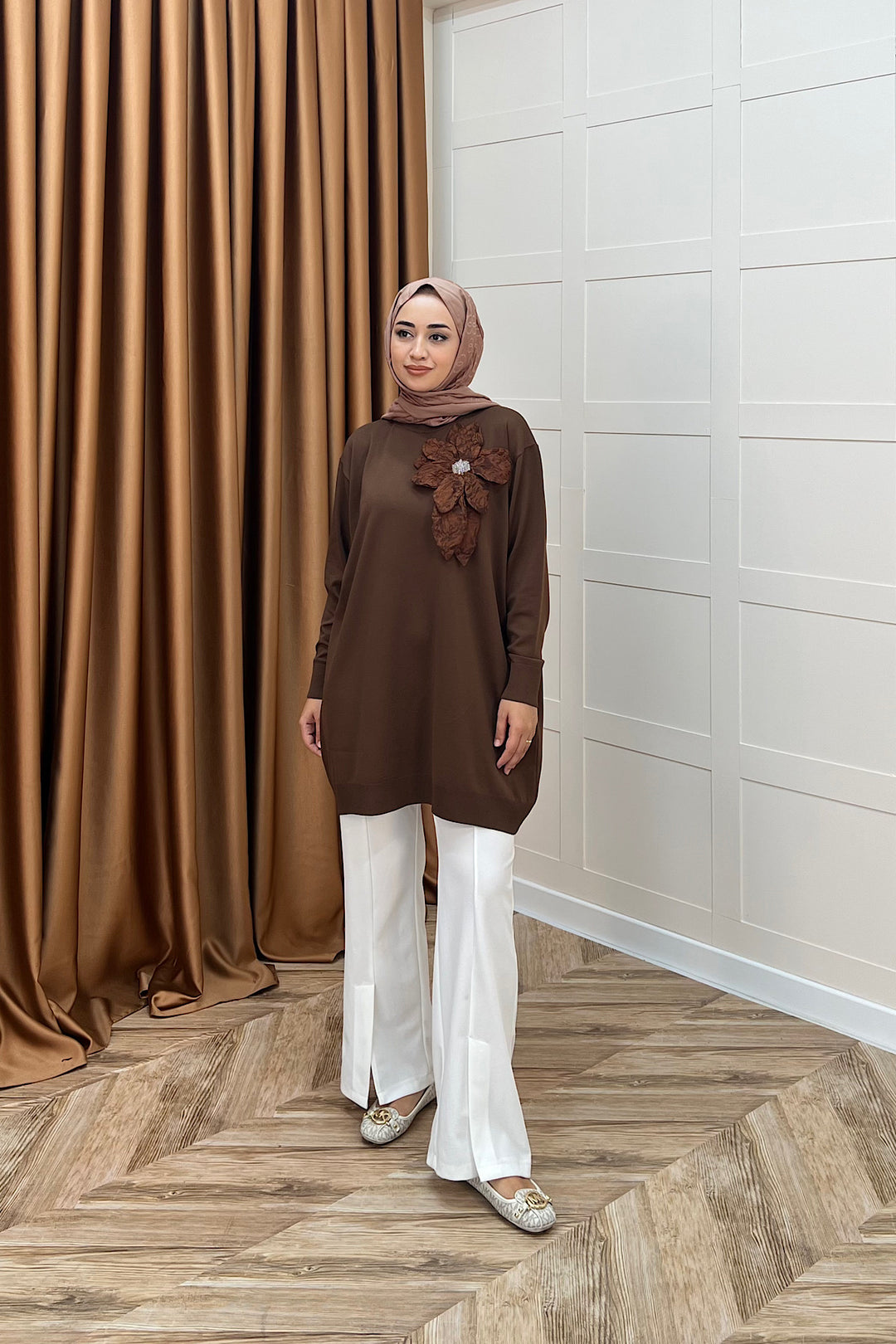 Merserize Çiçekli Triko Tunik Kahverengi 2550-KAHVERENGI