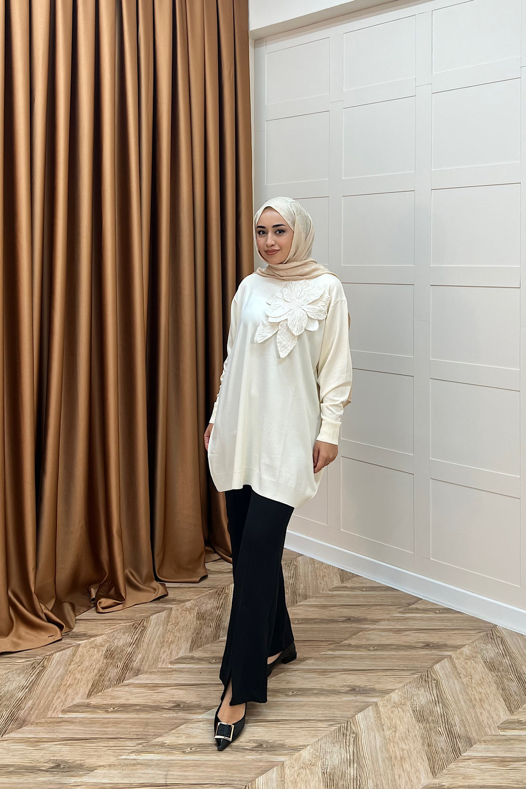 Merserize Çiçekli Triko Tunik Krem 2550-KREM