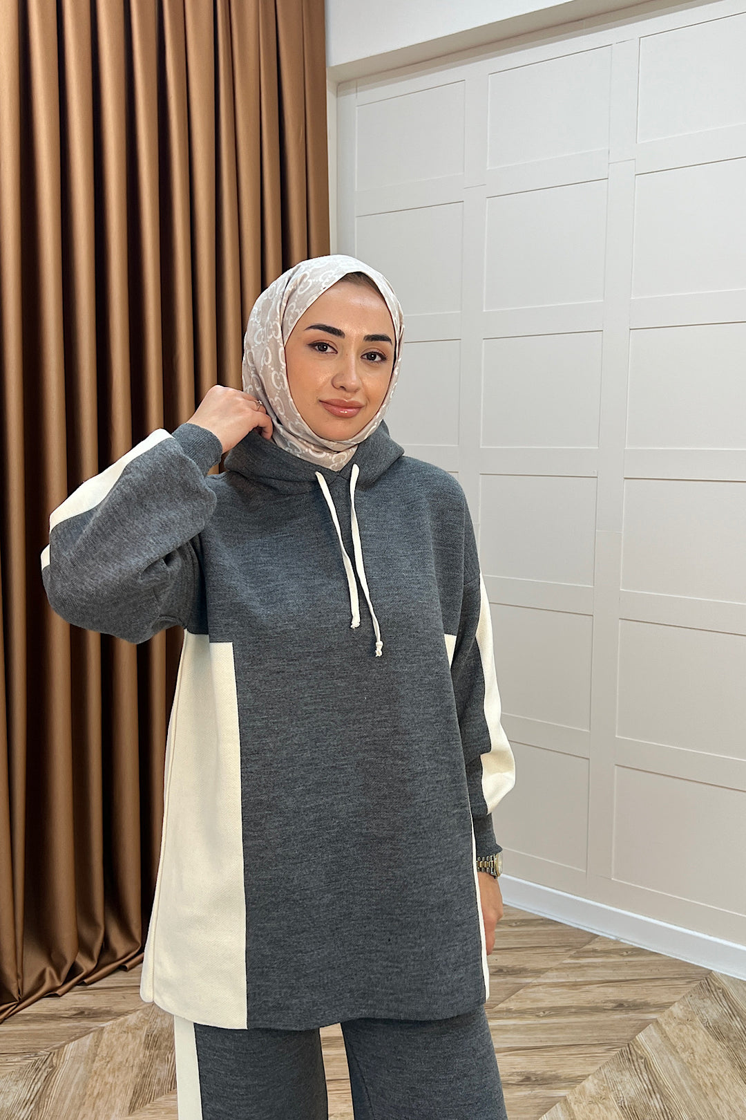 Lapis Çizgili Kapüşonlu Triko Takım Antrasit 241210-ANTRASIT