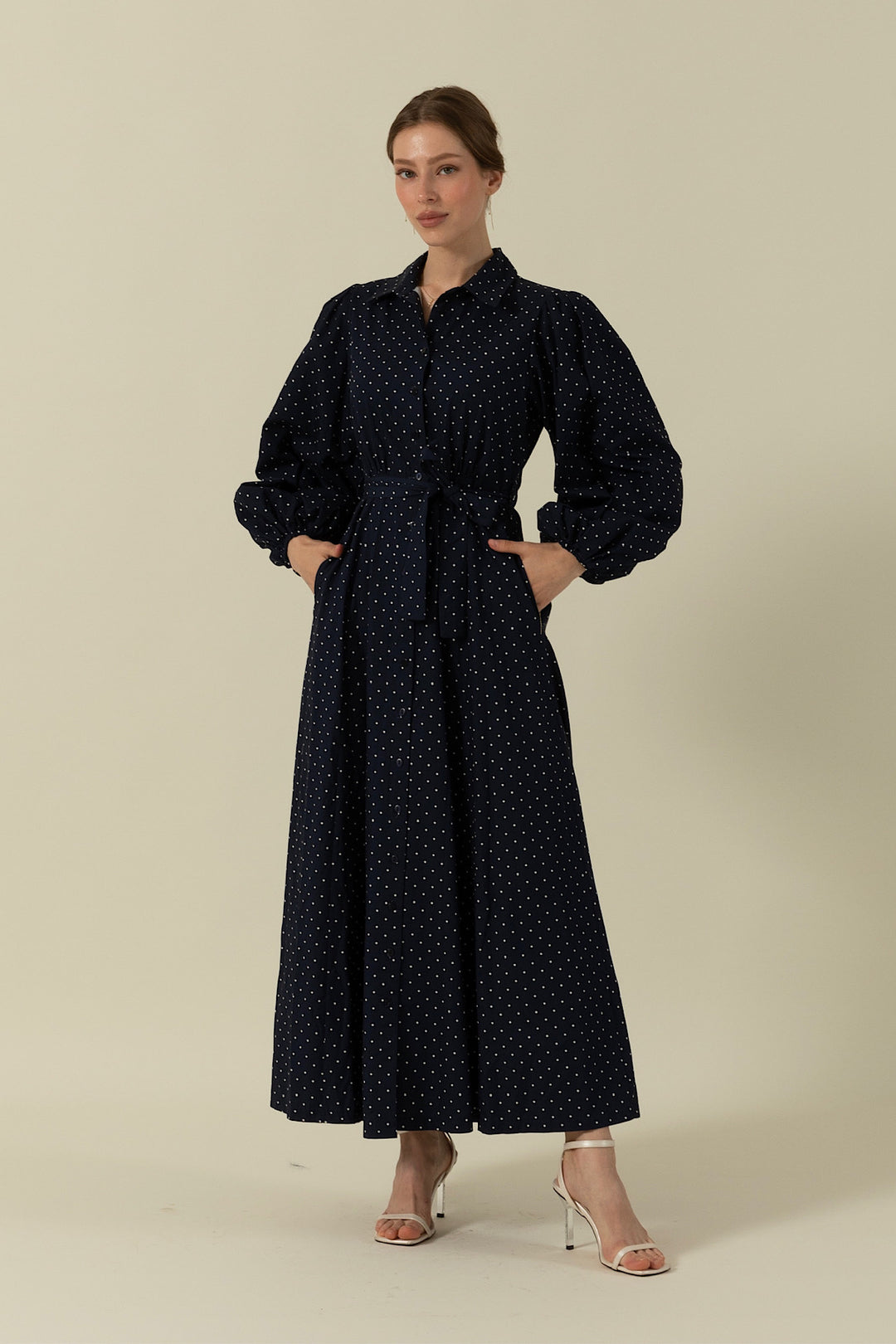 Boydan Düğmeli Puantiye Desen Elbise Lacivert 3041-LACIVERT