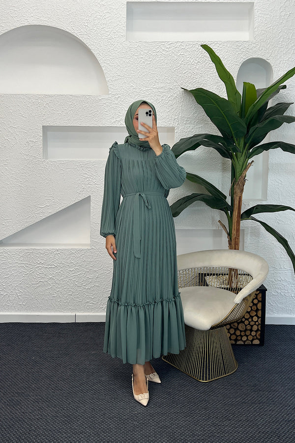 Bella Piliseli Şifon Elbise Mint 04670-MINT