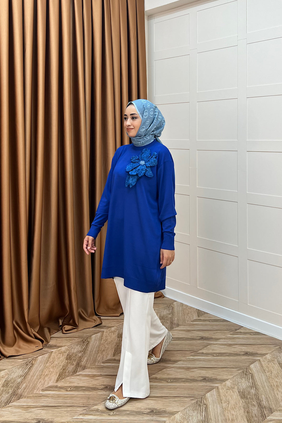 Merserize Çiçekli Triko Tunik Saks 2550-SAKS