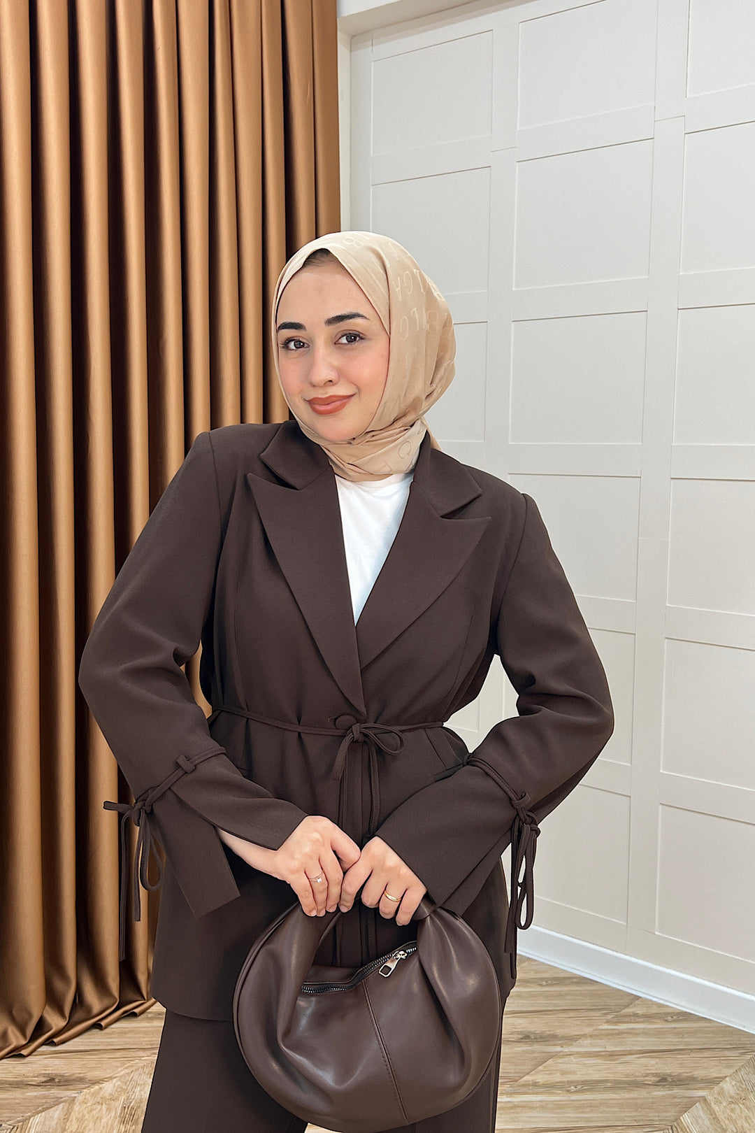 Kuşak Detay Ceket Takım Kahverengi 5004-KAHVERENGI