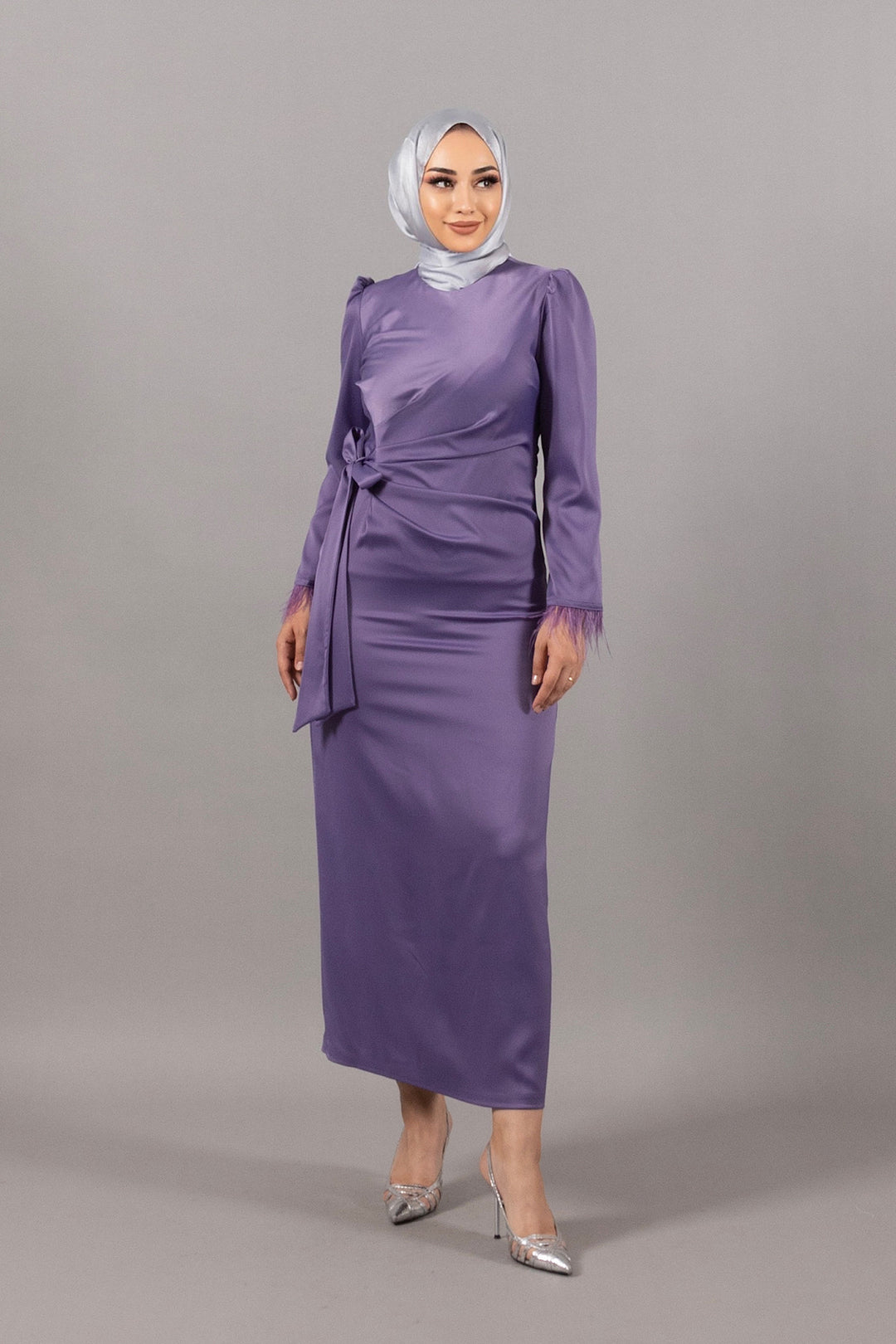 Kol Saçaklı Saten Abiye Lila 4897-LILA
