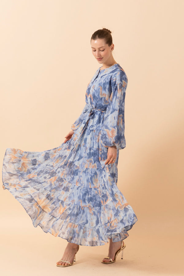 Lily Rüya Desen Şifon Elbise Mavi 3037-MAVI