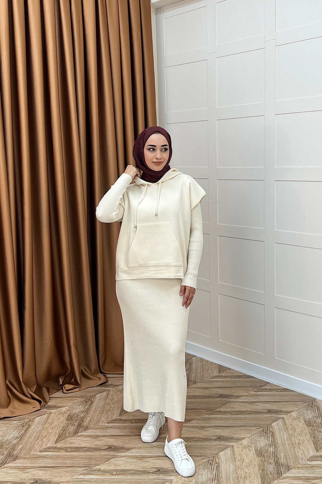 Üst Kapüşonlu İkili Triko Elbise Krem 25290-KREM