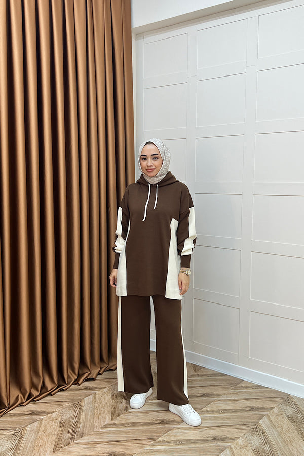 Lapis Çizgili Kapüşonlu Triko Takım Kahverengi 241210-KAHVERENGI