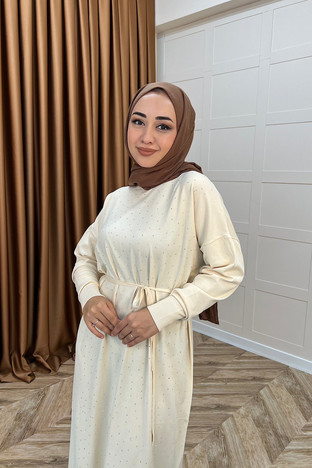Mabel Taşlı Triko Elbise Krem 25270-KREM