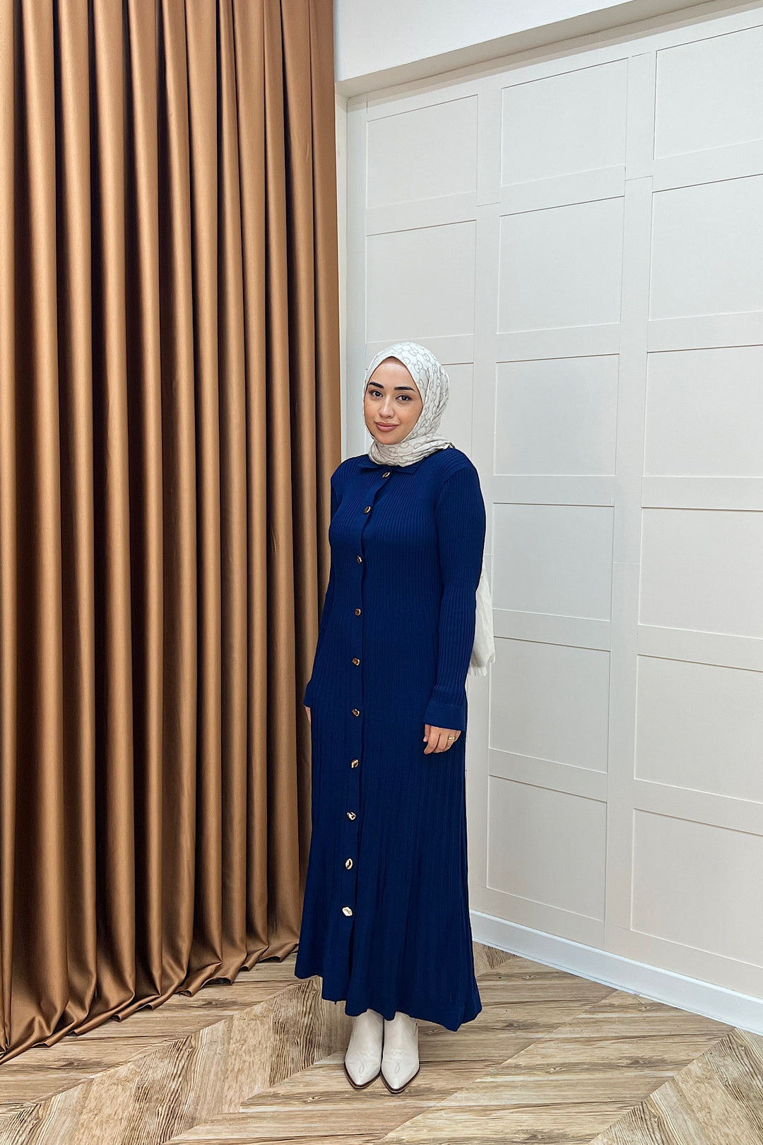 Endam Düğmeli Triko Elbise Lacivert 10201-LACIVERT