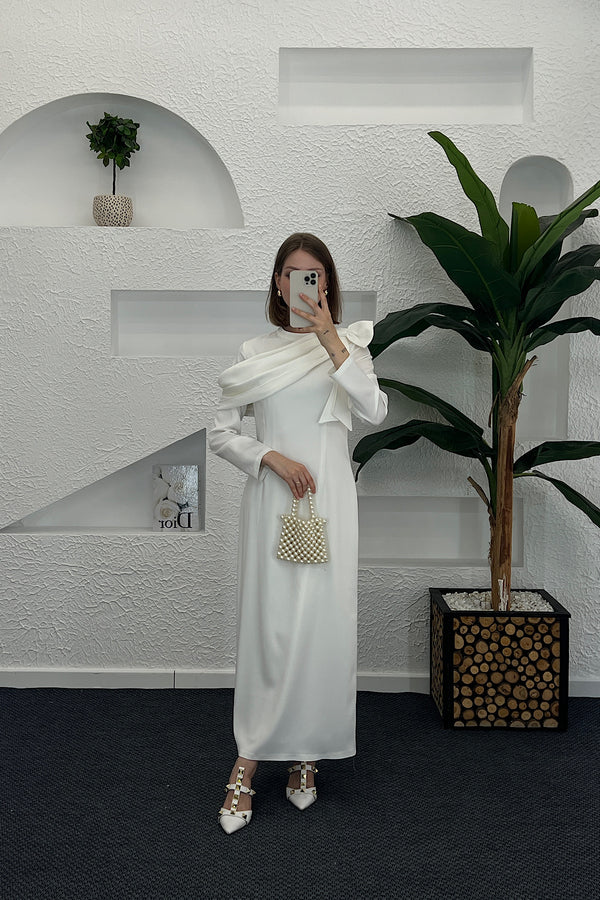 Degaje Detay Saten Abiye Beyaz 3026-BEYAZ