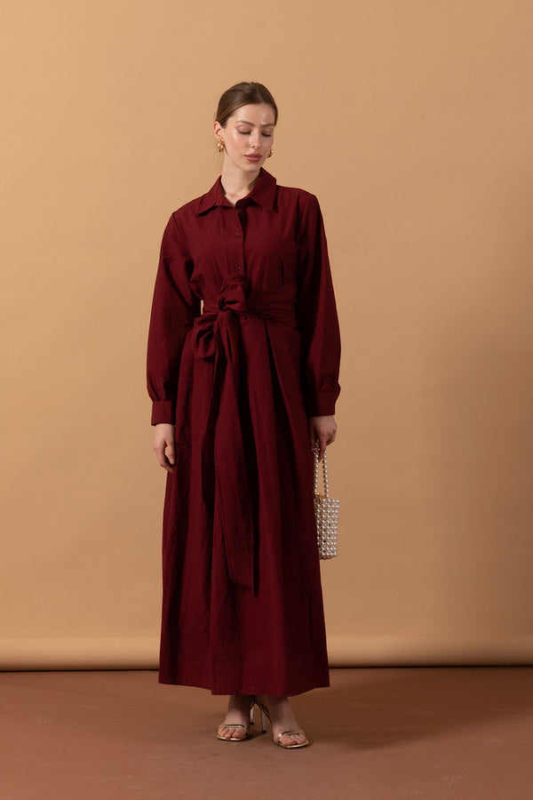 Belden Bağlamalı Keten Elbise Bordo 1712-BORDO