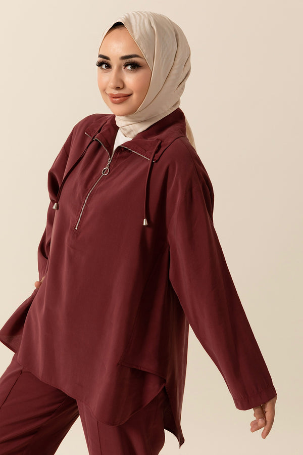 Yarım Fermuar Detay Ikılı Takım Bordo 8370-BORDO