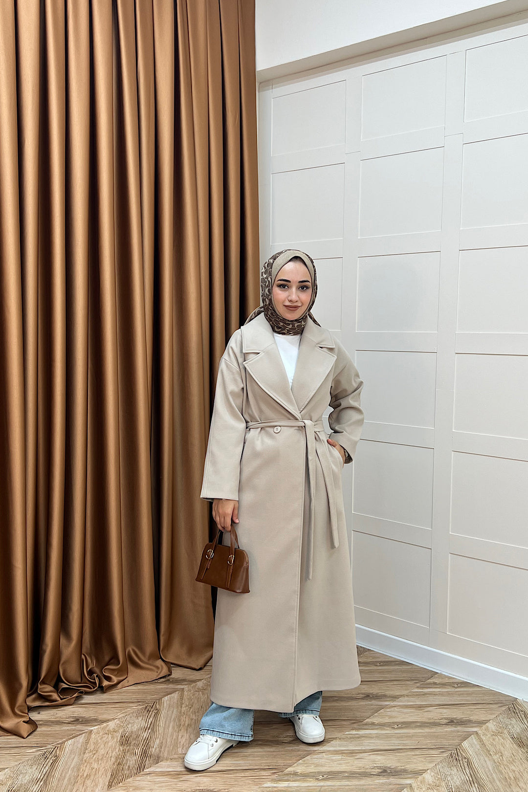 Retro Premium Kumaş Uzun Kaşe Kaban Taş 5509-TAS