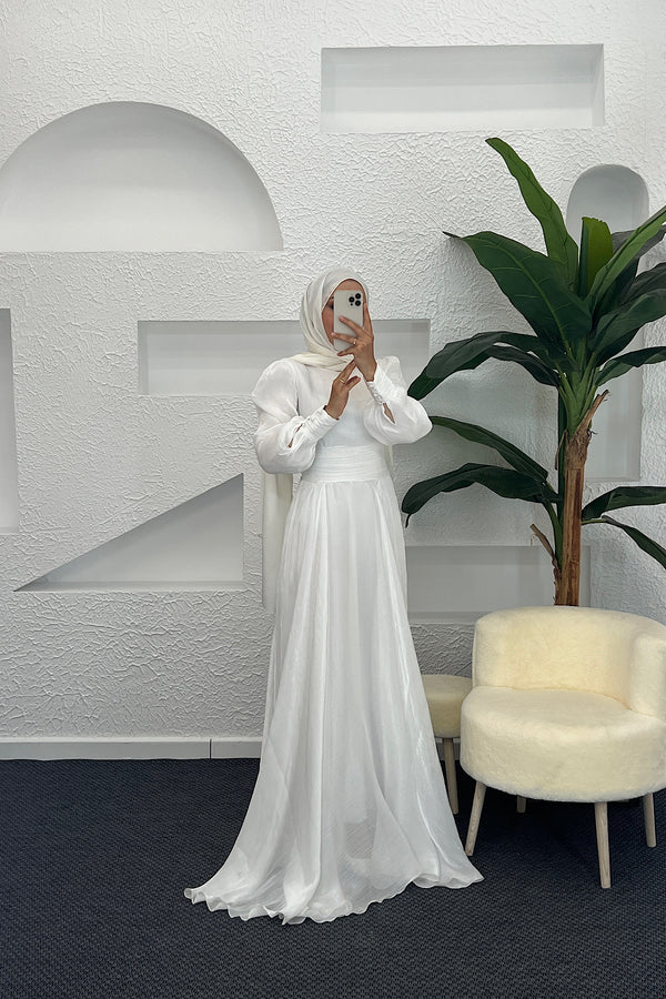 Marly Beli Piliseli Abiye Beyaz 3066-BEYAZ