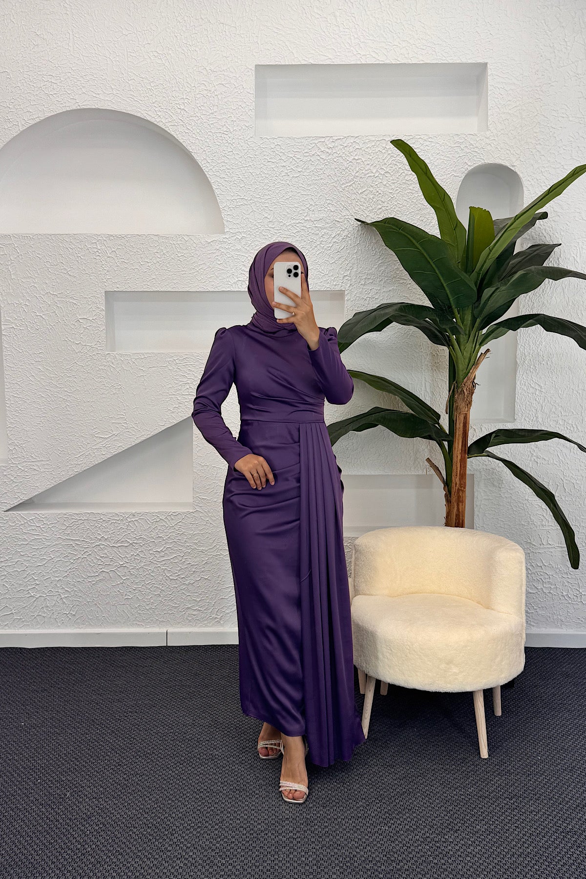 Göğüs Drapeli Saten Abiye Mor 3074-MOR