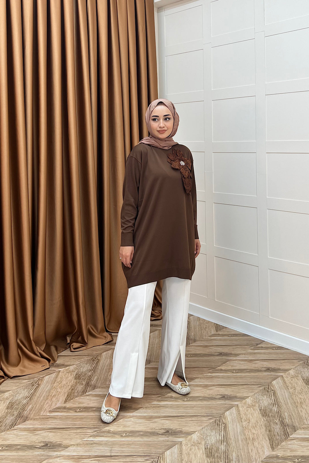 Merserize Çiçekli Triko Tunik Kahverengi 2550-KAHVERENGI