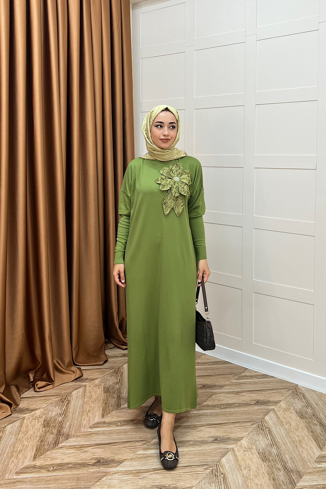 Zambak Merserize Triko Elbise Yeşil 25110-YESIL