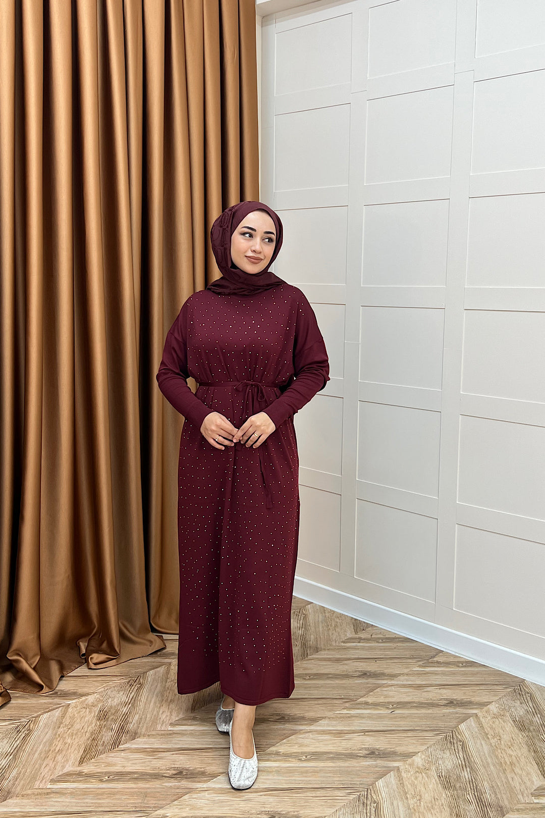 Mabel Taşlı Triko Elbise Bordo 25270-BORDO
