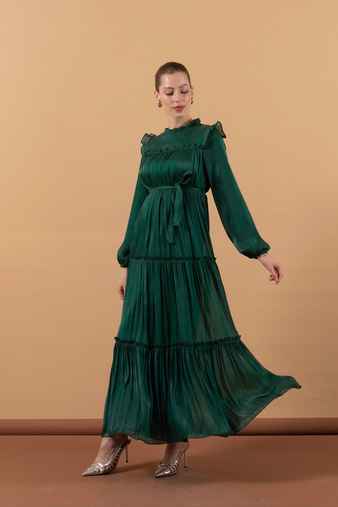 Robalı İpek Elbise Zümrüt 3006-ZUMRUT