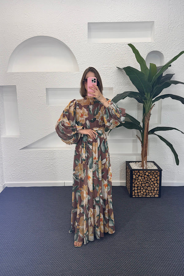 Mindy Hayal Desen Elbise Kahverengi 3055-KAHVERENGI