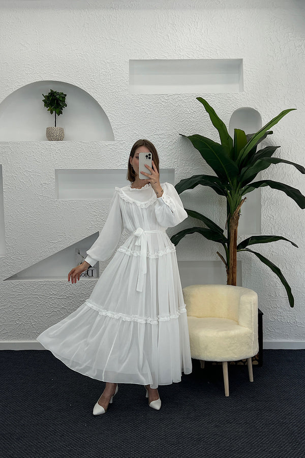 Lowel Fırfır Detay Elbise Beyaz 3058-BEYAZ