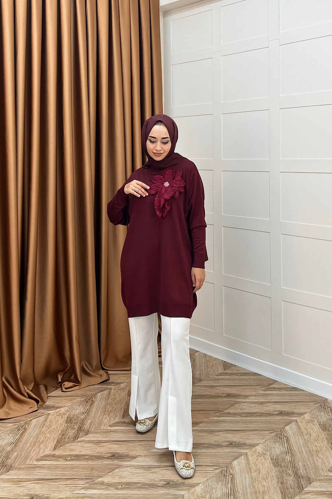 Merserize Çiçekli Triko Tunik Bordo 2550-BORDO