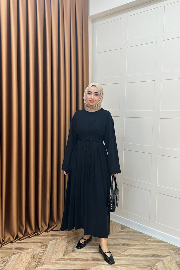 Belden Bağlamalı Cupra Elbise Siyah 5013-SIYAH