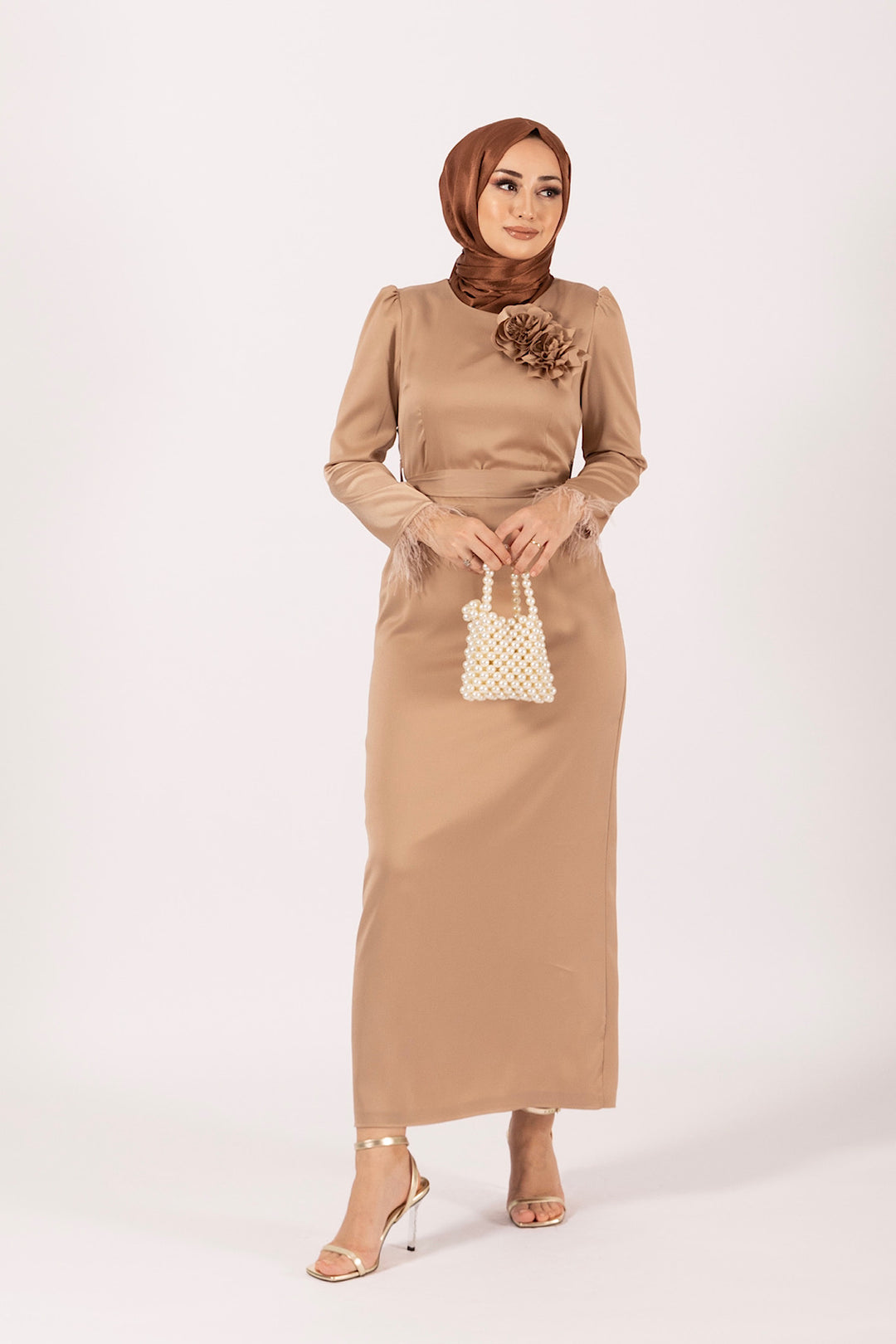 Broş Detay Saten Abiye Vizon 4892-VIZON