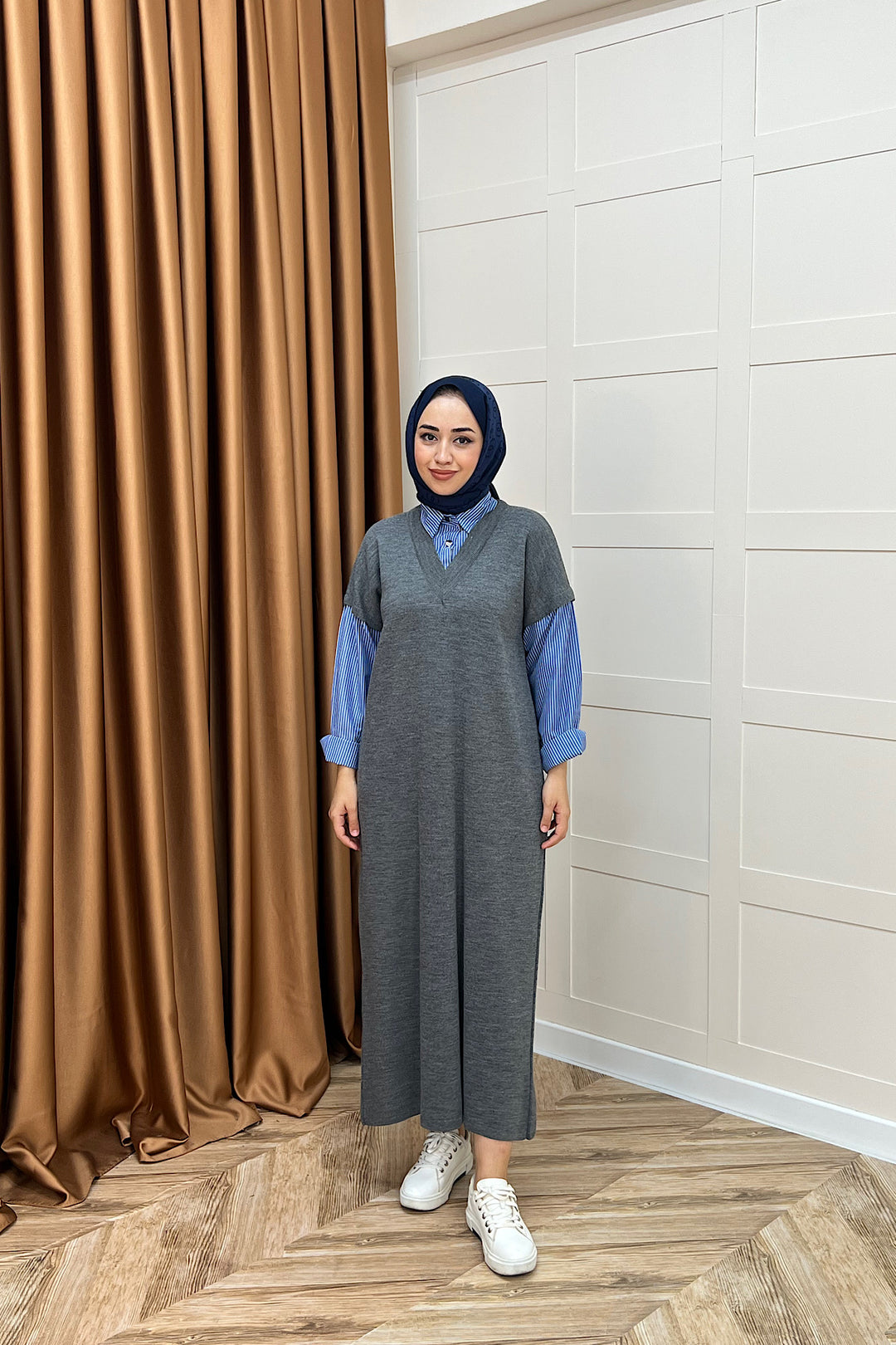 Samira Gömlek Detaylı Triko Elbise Gri 241110-GRI