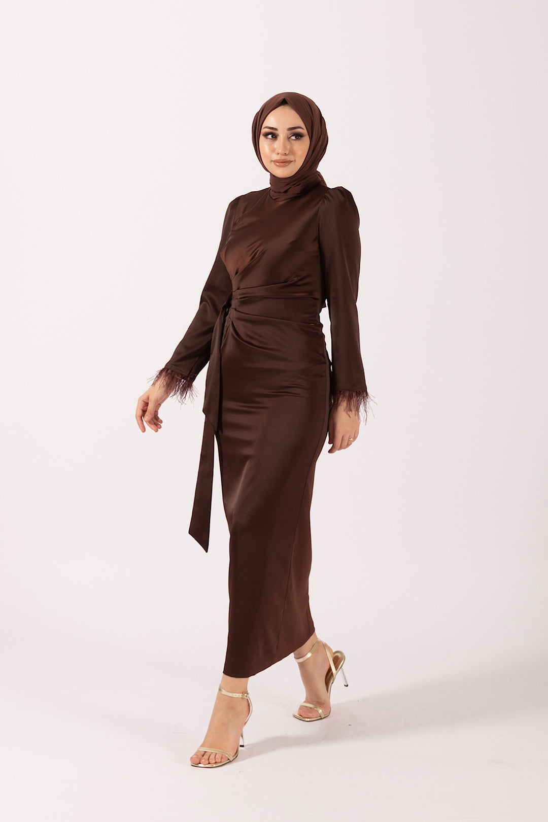 Kol Saçaklı Saten Abiye Kahverengi 4897-KAHVERENGI