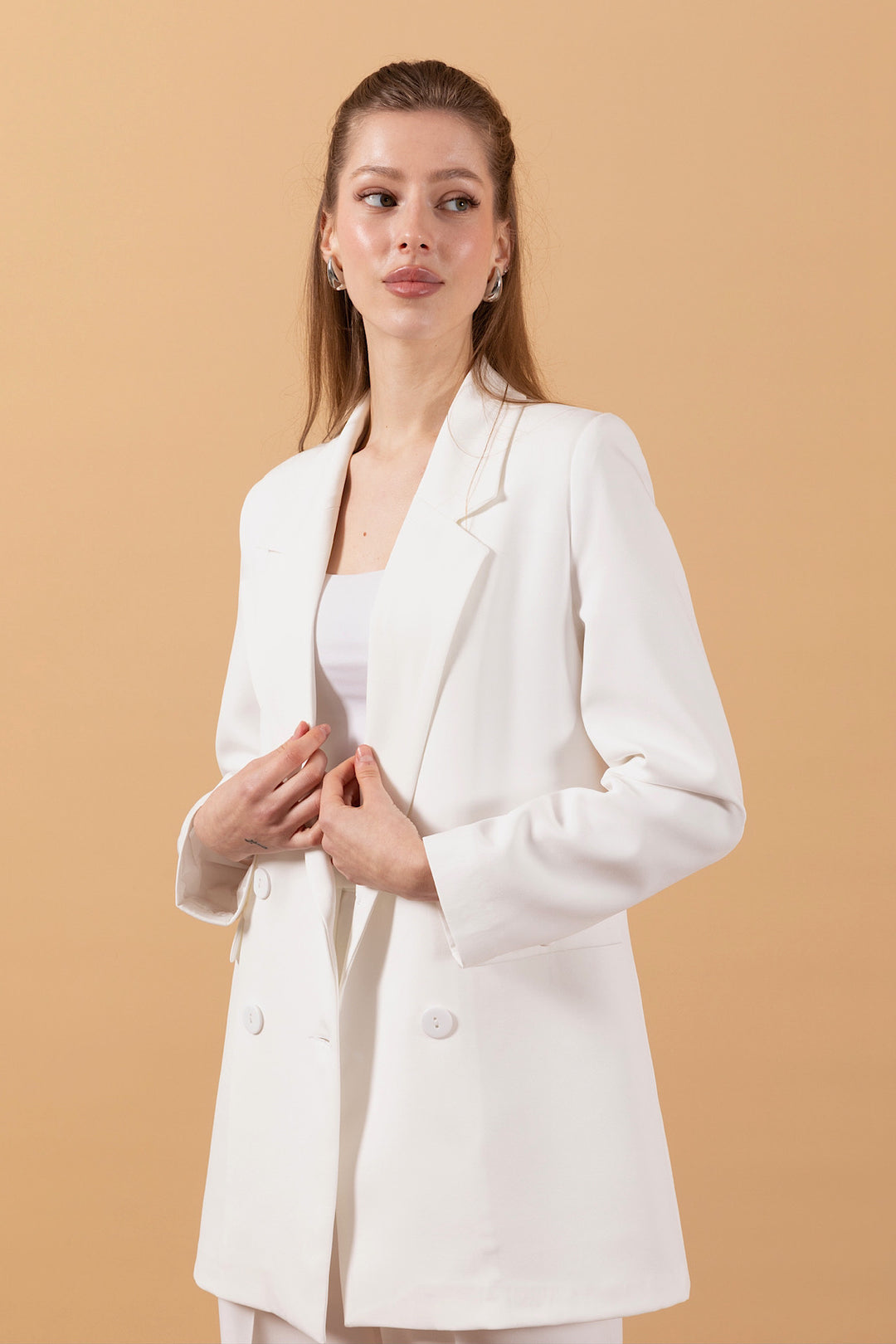 Dört Düğme Ceket Takım Beyaz 6152-BEYAZ