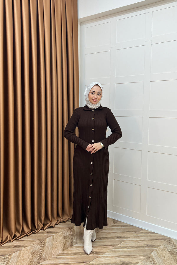 Endam Düğmeli Triko Elbise Kahverengi 10201-KAHVERENGI