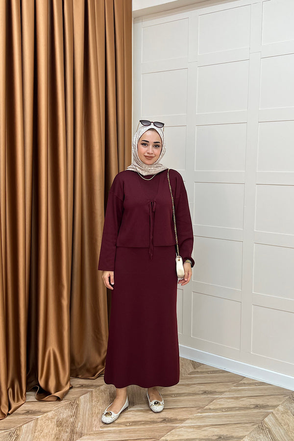 Ester Croplu İkili Triko Elbise Bordo 25160-BORDO