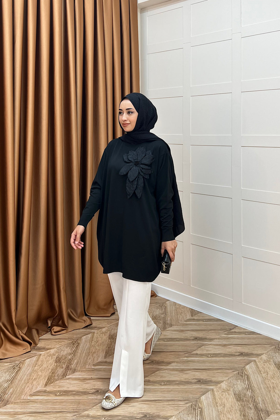 Merserize Çiçekli Triko Tunik Siyah 2550-SIYAH