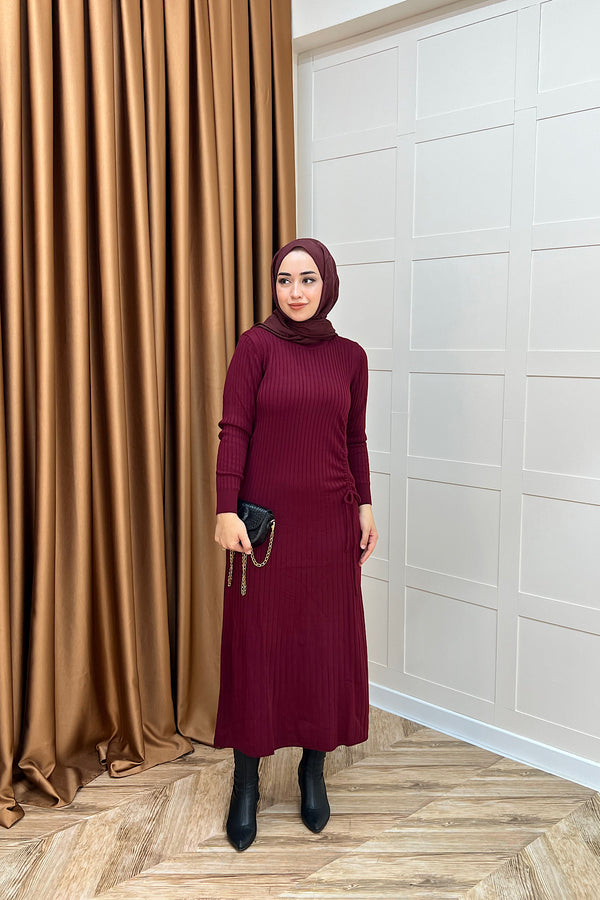 Yandan Büzgülü Triko Elbise Bordo 24870-BORDO