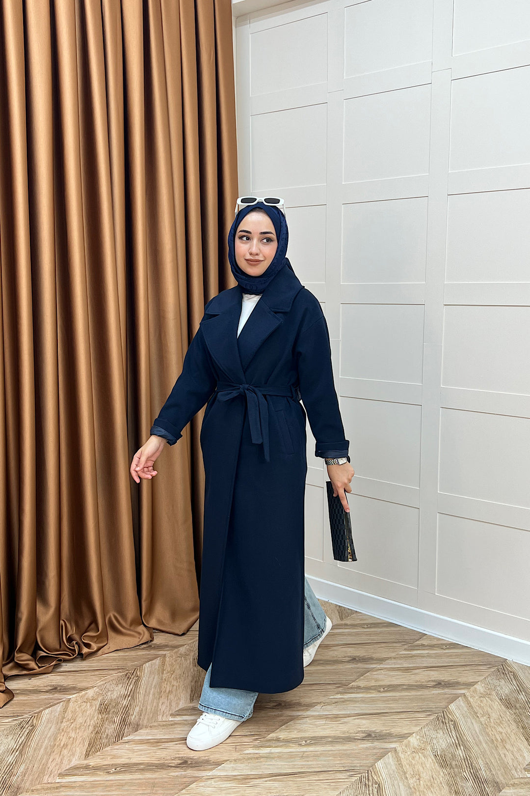 Retro Premium Kumaş Uzun Kaşe Kaban Lacivert 5509-LACIVERT